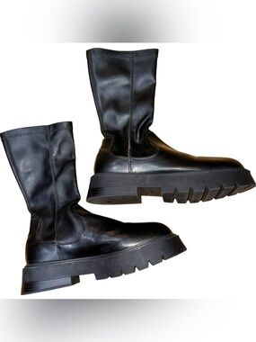 Bershka Chunky Black Lug Sole Pull On Sock Boots Size 39 EU 8.5-9 US